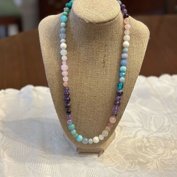 Violet Ocean Sea Genuine Gemstone Handmade Necklace Aquamarine Amethyst Quartz - Picture 3 of 5